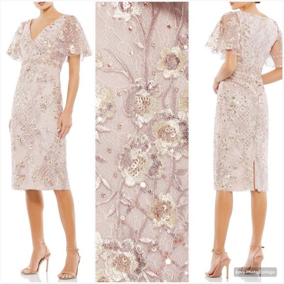 Mac Duggal EMBELLISHED ILLUSION BUTTERFLY SLEEVE COCKTAIL DRESS 16 - Picture 1 of 12